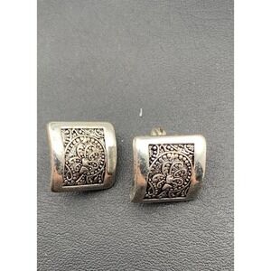 Vintage Monet Silver Tone Ornate Modernist Clip On Earrings